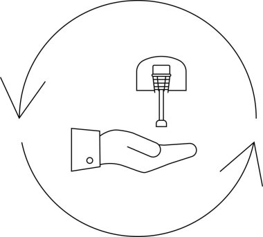 Dairesel ok içinde basketbol potası sunan bir el, spor veya yardımda bir konsepti veya döngüyü sembolize eder..
