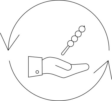 Bir minimalist çizgi, dairesel bir döviz sembolü içinde sarılı bir dango şişi sunan bir eli tasvir ediyor..