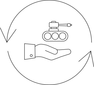Bir el, silah ticaretinin döngüsel doğasını ve küresel etkisini sembolize eden dairesel bir ok içinde bir tank sunar..