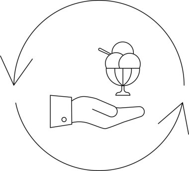 Bir el, değişim, hizmet veya hoşgörü ve tatmin döngüsünü sembolize eden dairesel bir ok içinde dondurma sunar.