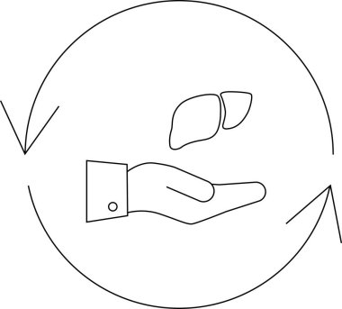 Karaciğer yenilenmesini tasvir eden minimalist bir ikon. Yuvarlak oklarla karaciğeri tutan bir el, yenilenme ve sağlık durumunu gösteriyor..