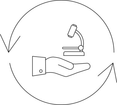 Bir mikroskop açık bir elde durur, oklarla çevrili, bilimsel araştırmaları, keşifleri ve deney ve analizlerin döngüsel doğasını sembolize eder..