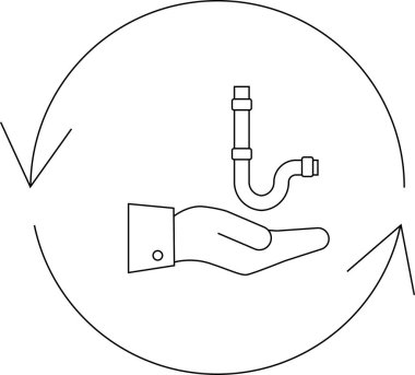 Tesisat hizmetlerini tasvir eden minimalist bir çizgi sanat ikonu, boru montajı yapan bir el, tamir veya bakım gösteren oklarla çevrili.