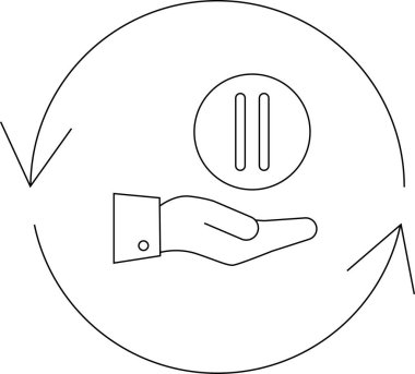 Çemberin içinde duraklama sembolü tutan bir el. Oklar yeniden başlatmayı veya döngüyü simgeliyor. Kesintiyi ve devamlılığı simgeliyor..