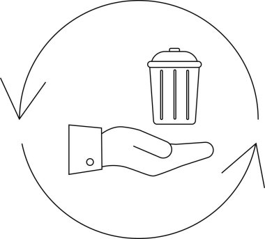 Atık yönetimi ve çevresel sürdürülebilirliği temsil eden, dairesel bir okun içinde çöp kutusu tutan bir elle simge geri dönüşümü.