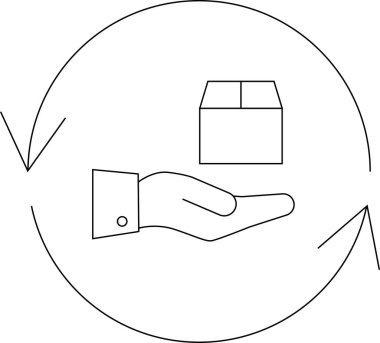 Dönüşleri ve değiş tokuşları temsil eden, dairesel bir ok içinde bir kutuyu tutan eli tasvir eden basit bir çizgi sanat simgesi.