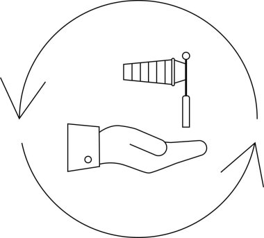 Açık el üzerinde rüzgar yönü göstergesi tasvir eden basit bir çizgi sanat simgesi, oklarla çevrili, hava farkındalığını sembolize ediyor..