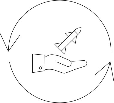 Silah ticareti döngüsünün kavramsal çizimi, dairesel bir ok içinde füze sunan bir el, sürekli değişim ve silahlanmayı simgeliyor..