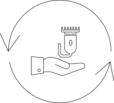 Bir el, saç kesme makinesini dairesel bir okun içinde tutar. Saç bakımını ya da bakım hizmetlerini sembolize eder..