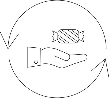 Bir el, dairesel bir döviz sembolü içinde sarılı bir şeker sunar. Bu, vermek, almak veya ticareti temsil eder..