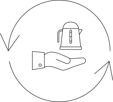 Döngüsel bir ok içinde su ısıtıcısını temsil eden bir el resmi, geri dönüşüm ve dairesel ekonomi ilkelerini sembolize ediyor..