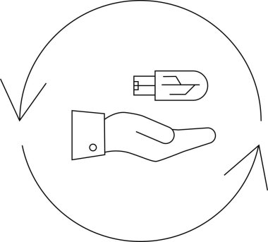 Bilgi transferini tasvir eden minimalist bir simge, dairesel bir ok içinde USB belleği tutan bir el, bilgi alışverişini sembolize ediyor.