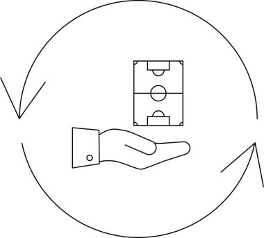 Bir futbol sahasının transfer edilişini ya da değişimini gösteren minimalist çizgiler dairesel bir ok içinde alanı tutan bir el tarafından sembolize ediliyor..