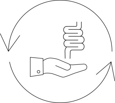 Basit bir çizgili sanat tasviri, bağırsağı destekleyen, yuvarlak oklarla çevrili, mide sağlığını, sindirimi ve genel sağlığını sembolize eden bir eli resmediyor..