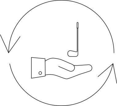 Golf sopası sunan bir eli simgeleyen minimalist bir simge, dairesel bir okla çevrelenmiş, golf, ticaret ve geri dönüşümü sembolize ediyor..
