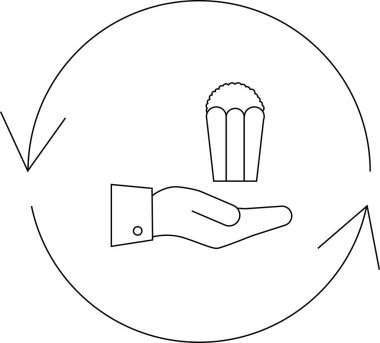 Bir el, basit bir sanat tarzında takas ya da sunumu sembolize eden dairesel bir ok içinde bir kek sunar..