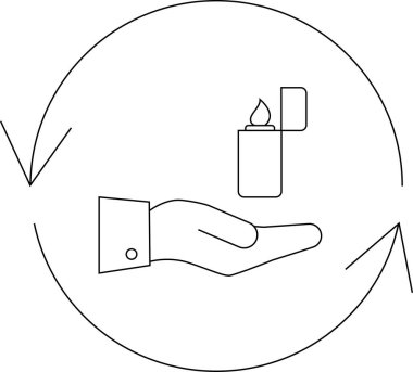Dairesel bir takas veya işlem sembolü içinde yanan bir çakmak sunan bir el tasvir eden minimalist bir çizgi sanat simgesi.