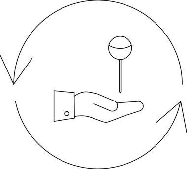 Yuvarlak bir ok değiş tokuşu içinde lolipop sunan bir eli tasvir eden minimalist bir sanat çizgisi çizimi alışverişi ya da takası simgeliyor..