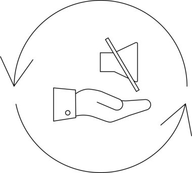 Sessizlik teklif eden bir el, bir hoparlör tarafından temsil ediliyor. Yuvarlak bir ok içinde, dilsiz bir ikon konseptini sembolize ediyor..