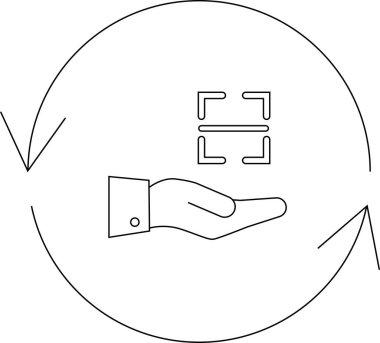 Bir el dairesel ok içinde bir barkod sunar. İşlem otomasyonu ve veri alışverişini sembolize eder..