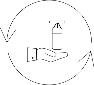 Dairesel bir okla çevrelenmiş, hijyen ve sürekli kullanımı sembolize eden bir el dezenfektanı taşıyan bir minimalist çizgi sanat ikonu..