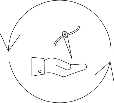 Oklarla çevrili bir çemberin içinde bir iğne ikonu tutarken, onarım, değişim ya da terzilik hizmetlerini temsil eder..