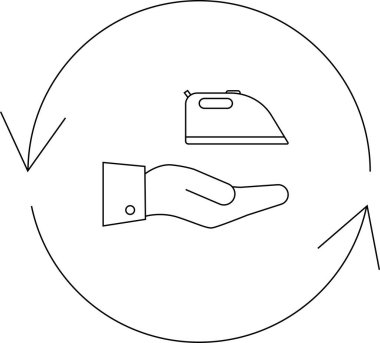 Bir ütü hizmeti konseptini tasvir eden minimalist bir çizgi çizimi, dairesel oklarla çevrili bir ütü sunan bir el, bir döngüyü gösteren.