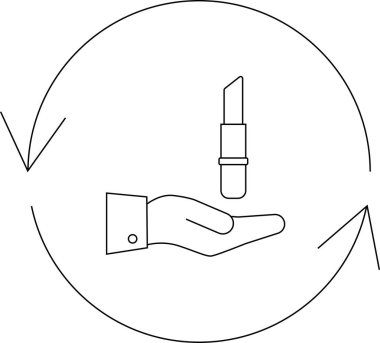 Dairesel oklarla çevrili, değişimi ya da güzellikle geri dönüşümü sembolize eden bir el ruj sunan minimalist bir simge..