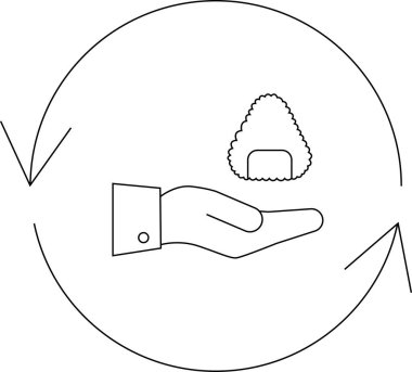 Yuvarlak bir okun içinde, takası ya da bisikleti sembolize eden bir onigiri sunan bir eli tasvir eden minimalist bir sanat çizgisi..