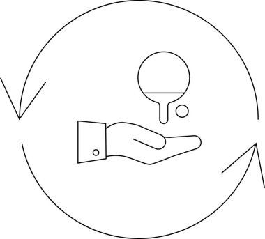 Ping pong raketi ve top sunan bir eli tasvir eden basit bir çizgi sanat simgesi, takası veya servisi gösteren oklarla çevrili..