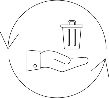 Çöp tenekesini geri dönüşüm sembolünün içinde sunan bir elin tasviri, atık yönetimi ve çevre sorumluluğunu temsil ediyor.