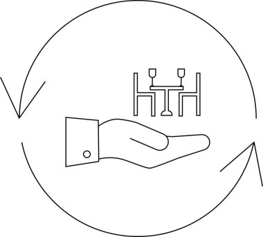 Restoran servis döngüsünü temsil eden simge, yuvarlak bir okla çevrili bir masa düzenini sunan bir eli temsil ediyor..