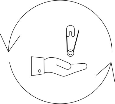 Bir el çengelli iğnesi sunan minimalist bir çizgi çizimi, dairesel bir okun içinde, takası veya yardımı sembolize ediyor..