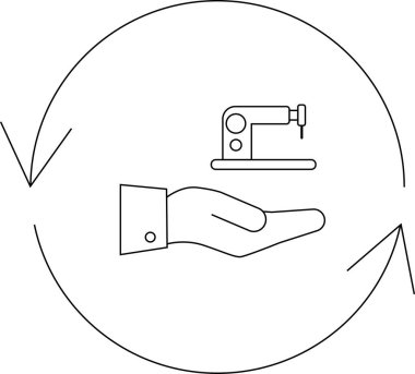 Bir çizgi sanat simgesi açık bir el üzerinde dinlenen bir dikiş makinesi, oklarla çevrili, el işi veya destek sembolize.