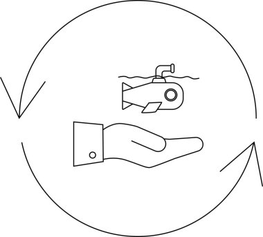 Dairesel bir okla çevrelenmiş, sualtı keşfi, koruma ya da deniz altı araştırmalarındaki desteği sembolize eden bir denizaltının simgesi..