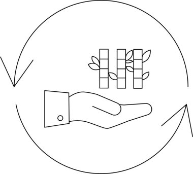 Yuvarlak bir ok içinde bambu saplarını tutan bir el çizgisi çizimi sürdürülebilir tarımı ve dairesel ekonomiyi sembolize ediyor..