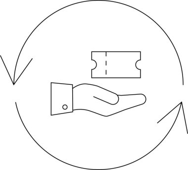 Bir el sunan minimalist çizgi sanat ikonu dairesel bir okun içinde, bilet takasını ya da transferini sembolize eden bir bilet sunuyor..