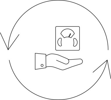 Basit bir çizim ağırlık ölçeği tutan bir el tasvir eder, oklarla çevrili, ağırlık yönetiminin döngüsel doğasını sembolize eder..