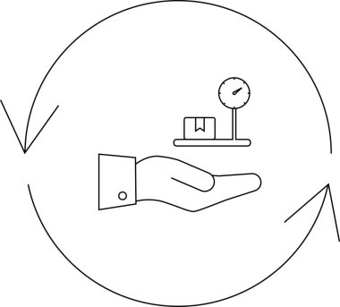 Dairesel bir ok içinde ölçüm ve işleme sürecini temsil eden bir paketi tutan bir el..