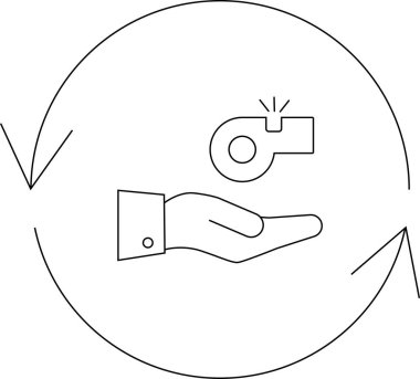 Muhbir korumasının sembolik bir göstergesi, dairesel bir ok içinde düdük tutan bir el, raporlamayı ve korumayı temsil eden.
