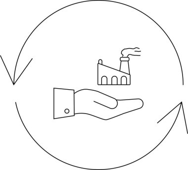 Dairesel bir ok içinde fabrikayı tutan el çizimi, dairesel ekonomiyi, sürdürülebilirliği ve sorumlu üretimi simgeliyor..