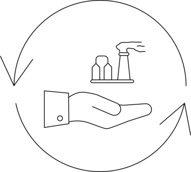 Dairesel bir ok içinde fabrikayı tutan bir eli tasvir eden, dairesel ekonomiyi ve sürdürülebilir endüstriyel uygulamaları sembolize eden bir minimalist çizgi sanat ikonu..