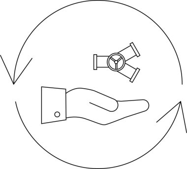 Dairesel bir ok dizaynı içinde sürekli bir döngü içinde akışı, bağlantıyı ve kontrolü sembolize eden boruları tutan bir el..