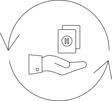 Bir el, bilgi veya kaynak değişimi veya dolaşımını öneren dairesel bir ok döngüsü içinde kart sunar.