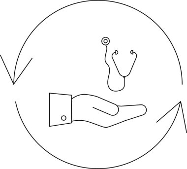 Sürekli tıbbi bakım ve desteği sembolize eden, dairesel bir ok içinde steteskop ve bir el içeren bir sağlık ikonu..