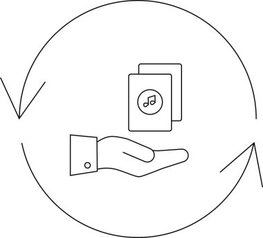 Müzik değiş tokuşunu, paylaşımı veya basit bir sanat tarzında dönüşümü temsil eden, dairesel bir ok içinde müzik kartlarını tutan bir elin tasviri.