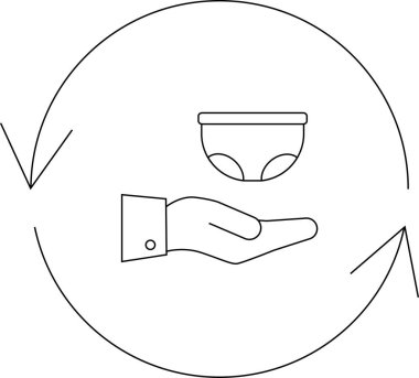 Geri dönüşüm sembolü içinde iç çamaşırı sunan bir el resmi. Sürdürülebilirlik için yeniden kullanılabilir bir iç çamaşırı değişim programını temsil ediyor..
