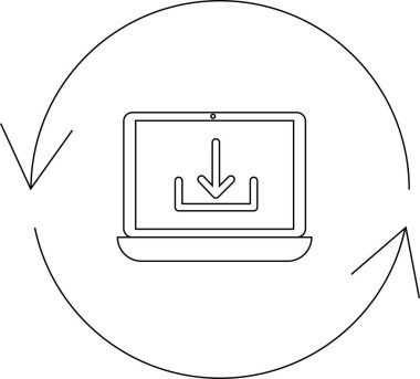 Laptop with download icon surrounded by circular arrows, representing update, synchronization, or data transfer in a modern design.