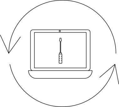 A simple line art icon depicting a laptop with a screwdriver on the screen, surrounded by circular arrows, symbolizing repair and maintenance services.