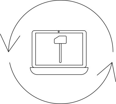 Dairesel okla çevrili bir çekiç simgesini gösteren dizüstü bilgisayar, dijital bağlamda yazılım geliştirme, onarım veya sistem güncellemelerini sembolize ediyor.